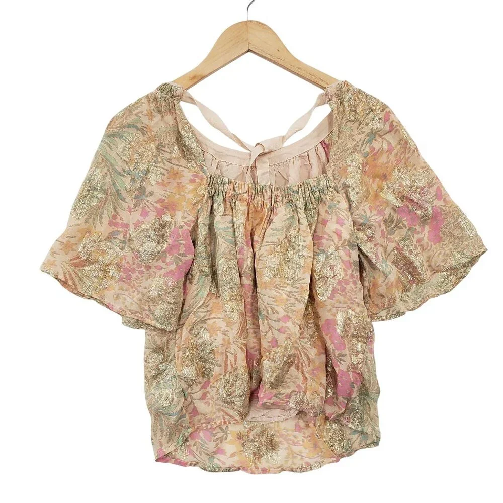 Loft Metallic Floral‎ Print Blouse Top Puff Sleeves Size S Boho Cottagecore